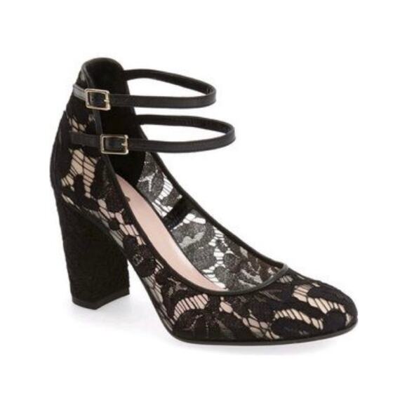 Kate Spade Black Lace Double Strap Chunky Heels - Size 10 - Picture 1 of 11